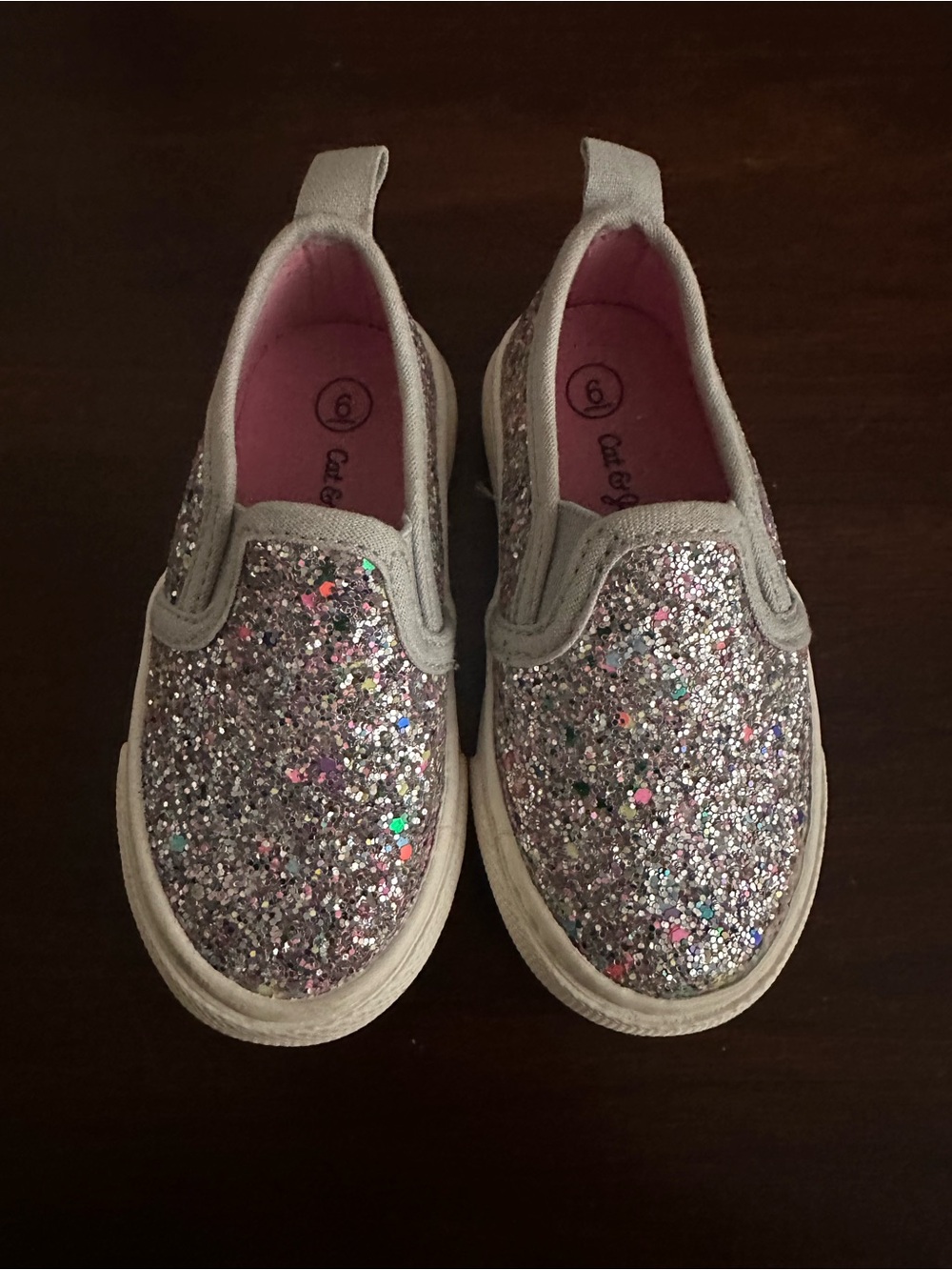 Toddler Sz 6- Cat & Jack Silver Glitter Slip-On Sneakers with Pink Lining